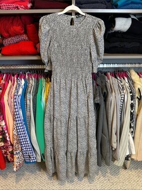 BTFBM white/black/gray leopard print short sleeve smocked maxi dress size S